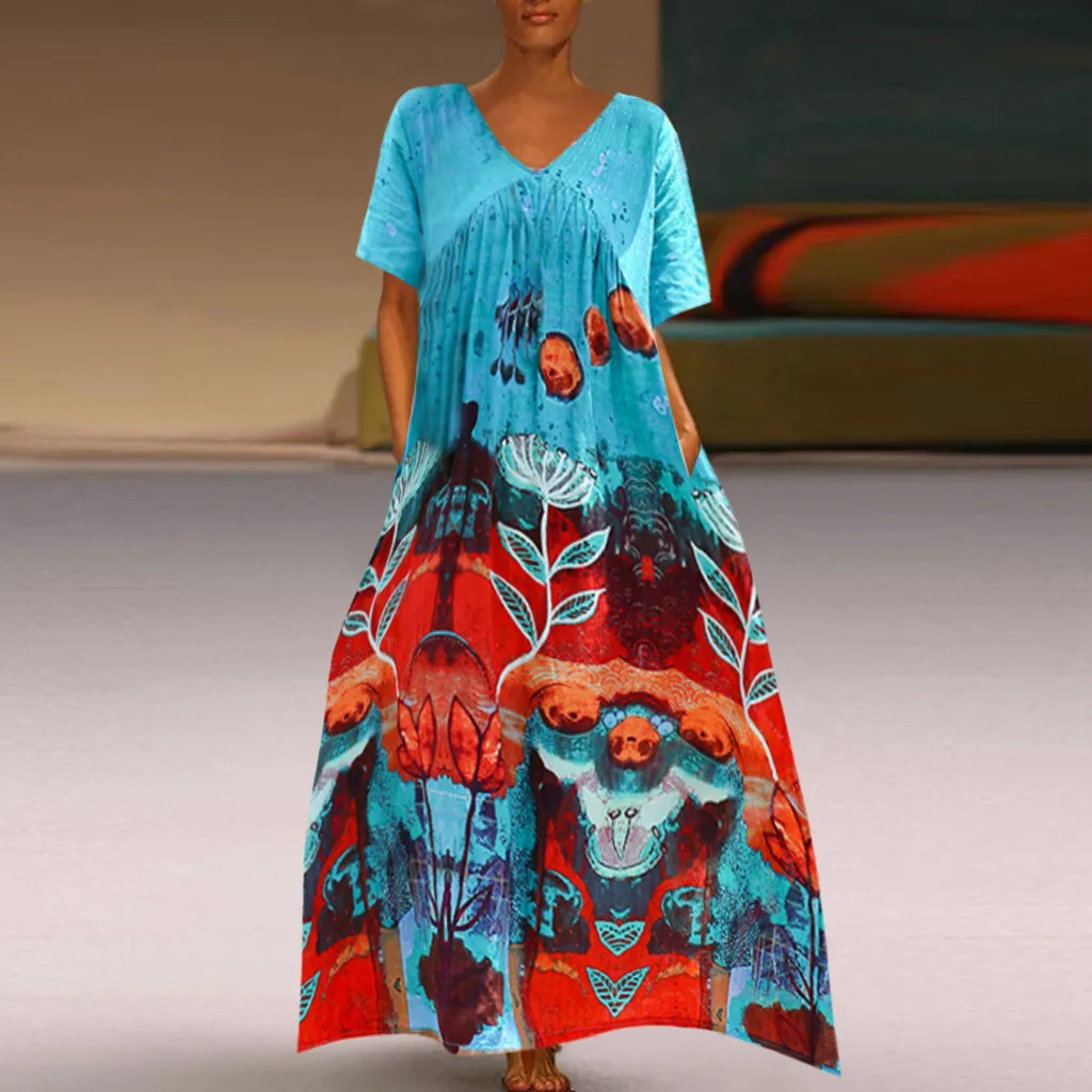 

MUQGEW XL Big Size Dresses 2019 Women Cotton Linen V Neck Short Sleeve Loose Print Long Maxi Dress
