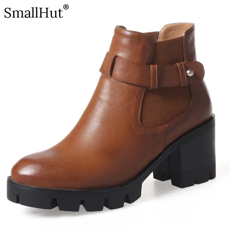 

High Sqaure Heel Platform Ankle Boots Autumn Women Fashion Square Heels Shoes D081 Elegant Ladies Buckle Black Brown Ankle Boots