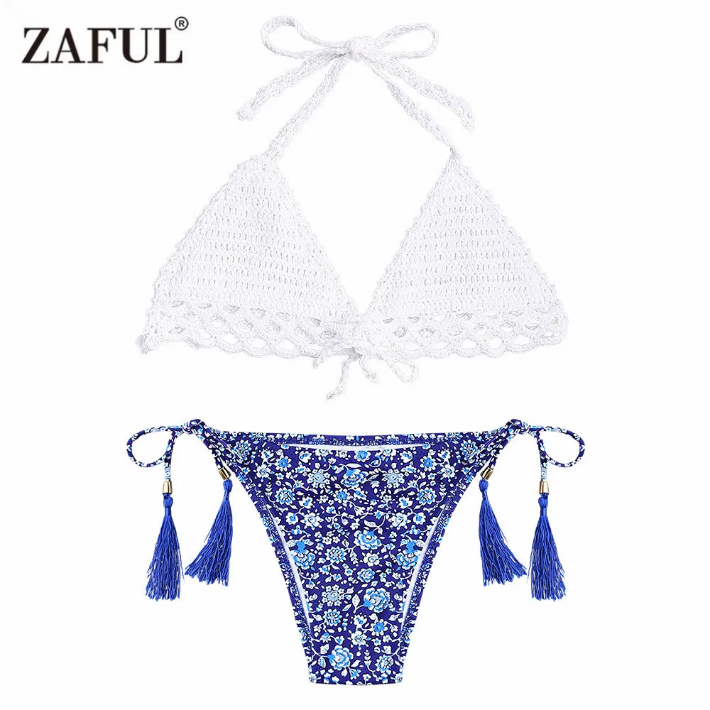 Zaful Bikini Women New Crochet Tiny Floral String Bikini Mid Waisted ...