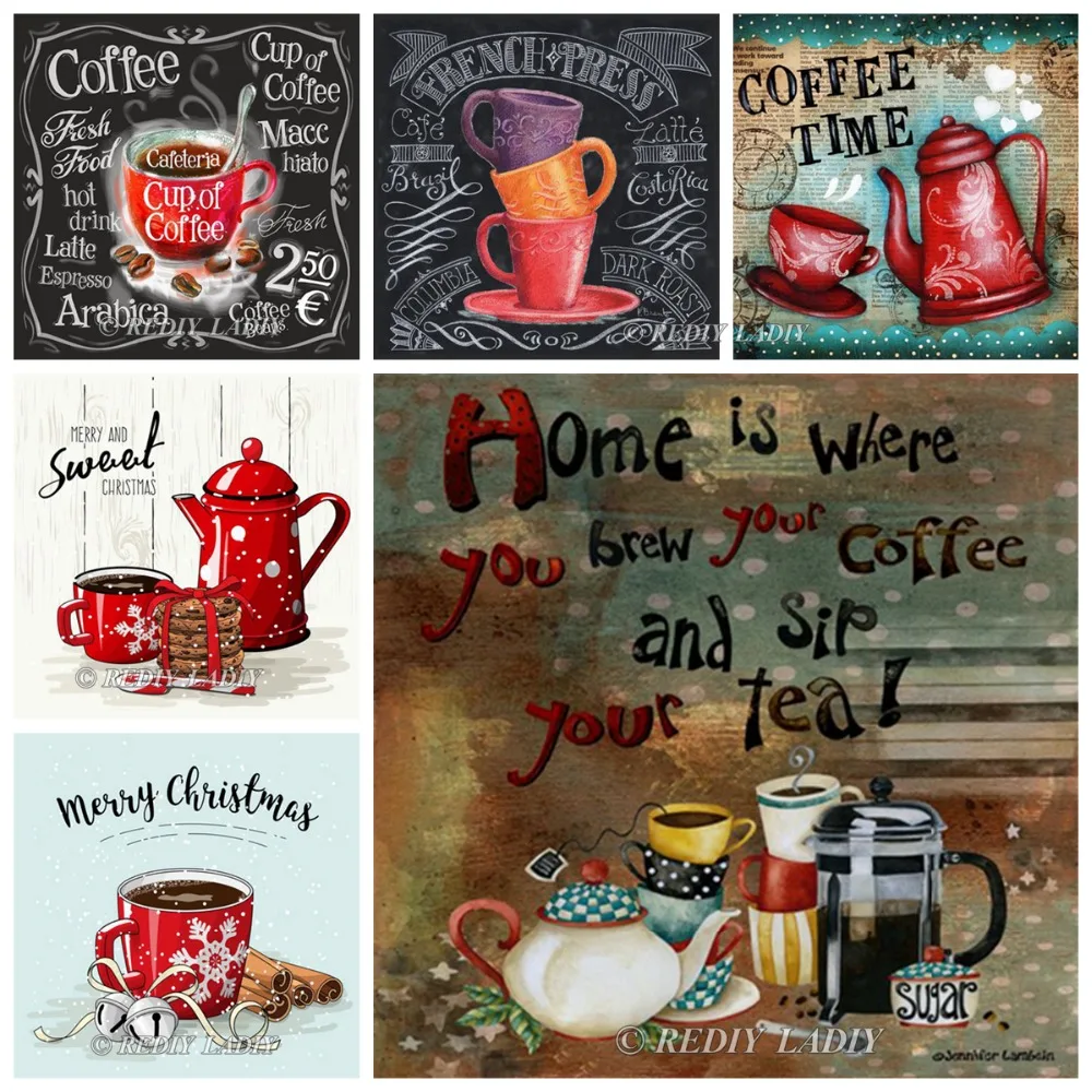 MF84274A  REDIY LADIY Diamond Painting Coffee Time Home Sweet Full Square Rhinestones Cross Stitch 5D Mosaic Diamond Embroidery Home Decor