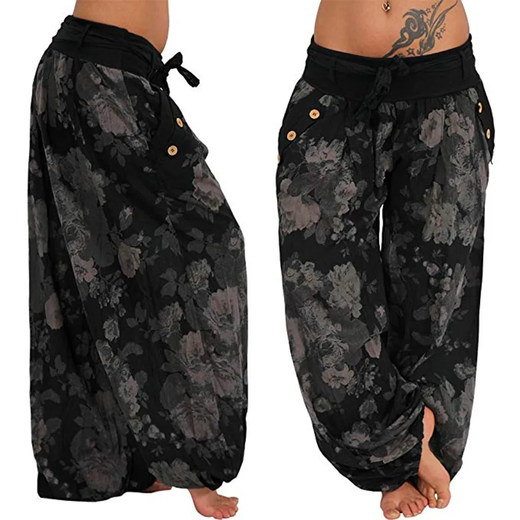 

Women Printed Pants Pocket Band Width Loose Leg Pants New Fashion Women's Casual Pants Plus Size Trousers YJJ1