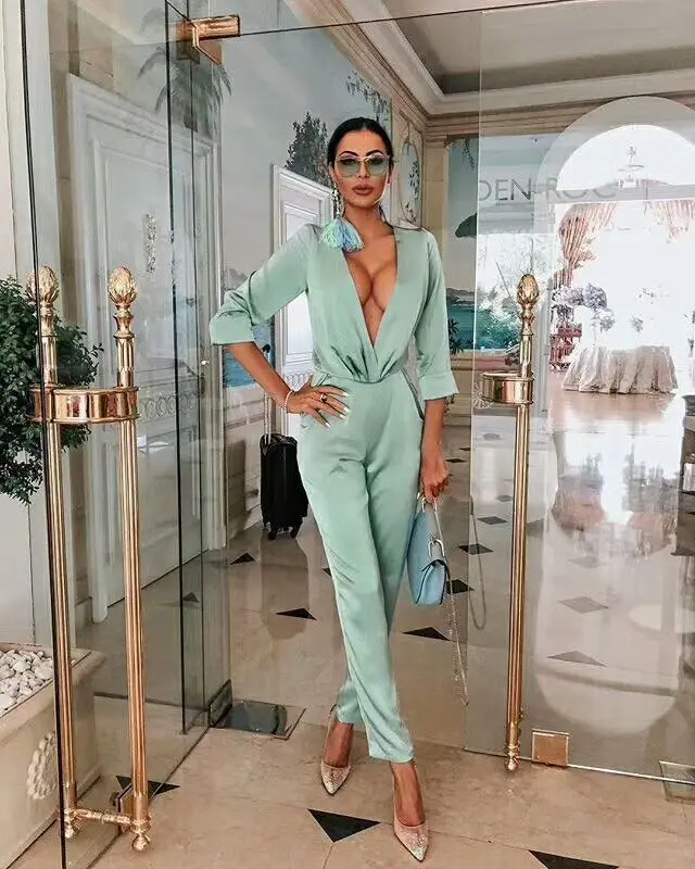 

2019 NEW Women Fashion V-Neck long sleeve Bandage Knitted Bodysuit Celebrity evening Party jumpsuits wholesale