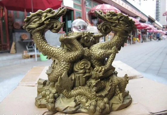 

USPS to USA S0157 Chinese Refined Red Bronze Copper Fengshui Two Dragon Play glass Bead statue B0401