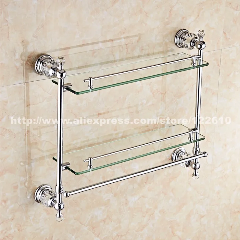 Аксессуары для ванной комнаты хромированная отделка с хрустальным закаленным стеклом, двойная стеклянная двойная полка для ванной комнаты