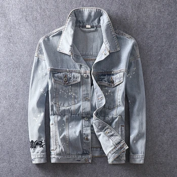 

European American Fashion Men Jackets Bat Skull Embroidery Designer Punk Denim Jackets Men Ripped Coat Streetwear Hip Hop Jacket