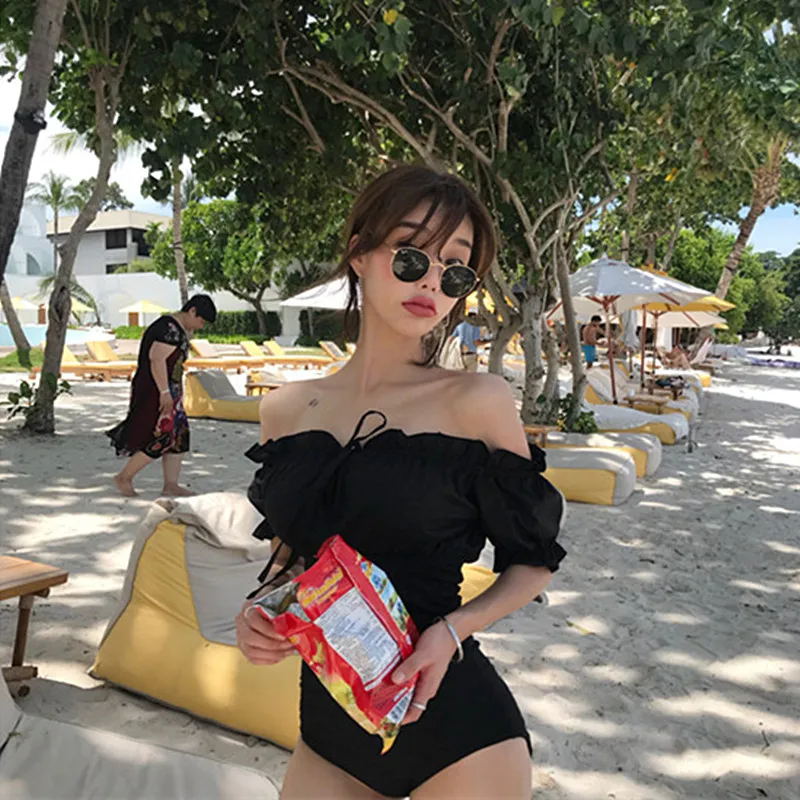 

KEKAKA 2019 Korean Solid Black Off Shoulder One Piece Swimsuit Women Sexy Lace Up Puff Sleeve Monokini Swimwear Bathing Suit