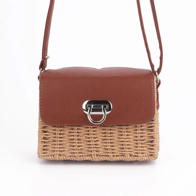 Women&#39;s woven Casual Boston handbags Handmade Straw Bag+PU Leather girls Vintage Square Straw ...