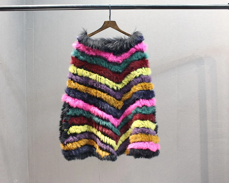 female natural knitted rabbit fur poncho with collar  (9)