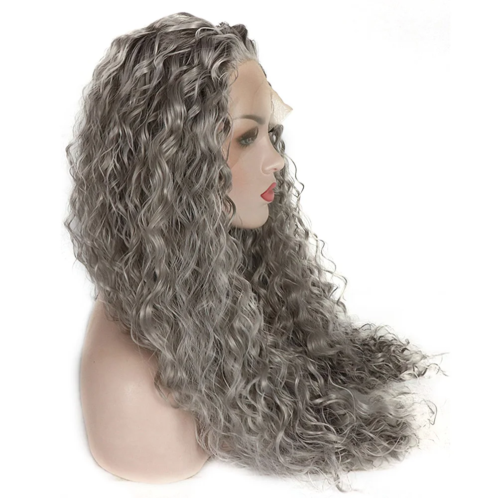 Synthetic Lace Front Wigs For Black Women Silver Grey Hair Heat Resistant Fiber Long Bohemian Curly Frontal Lace Wig
