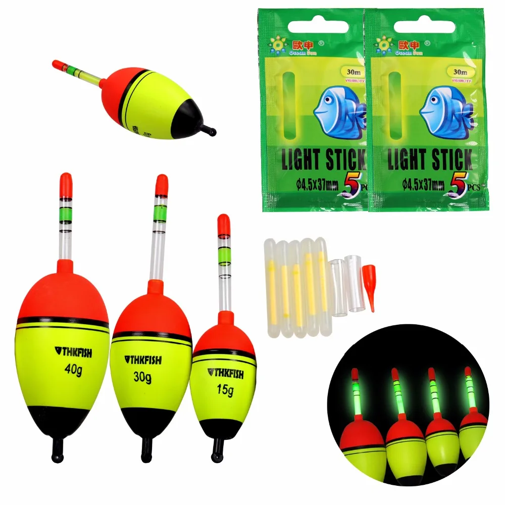 

5pcs EVA Fishing Float + 10pcs Fishing Light Glow Stick Green Luminous Lighting Wand Floats Light Floats for Night Fishing