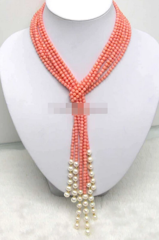 

0980 Pink Round Coral & White Pearl 3 Strands