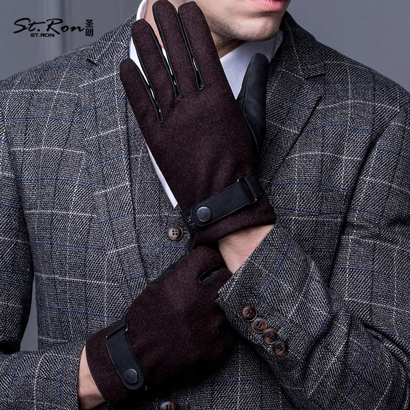 Autumn Winter Leather Gloves Male Anti-Wind Ski Touchscreen PU Gloves Hand Back Wool Cloth Driving Mittens ST8105