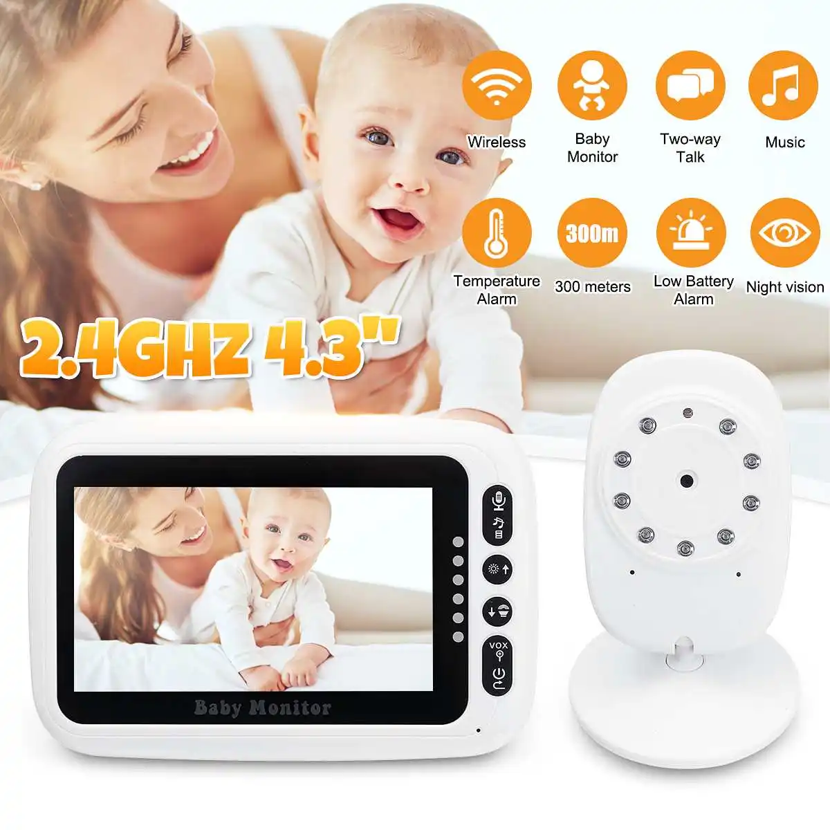 Two-way intercom Wireless Video Color Baby Monitor 4.3 inch Night Vision Temperature Monitoring Bab