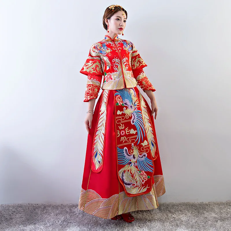 Для женщин традиционные платья Cheongsam свадьбы невеста красный китайское платье Феникс женщина Qipao Vestido Oriental Стиль платья