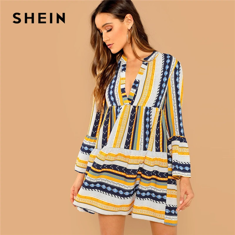 

SHEIN Multicolor Vacation Casual Striped Mixed V-Cut Neck Flounce Sleeve Ruffle Dress Autumn Modern Lady Holiday Women Dresses