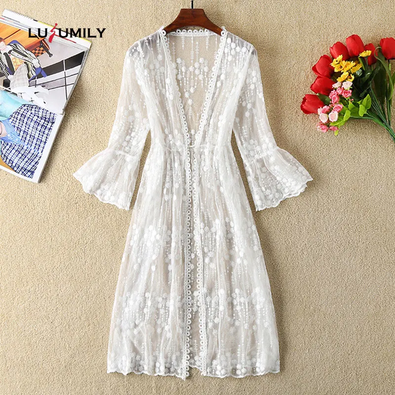 

Lusumily 2019 New Summer Medium Long Jacket Women Slim Half Sleeved White Thin Coats Femme Casual Embroidery Floral Outerwear