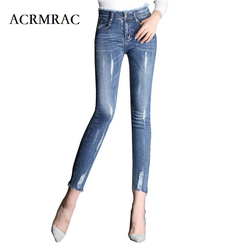

ACRMRAC Women jeans New summer Slim blue Middle waist Holes tassel Pencil pants Ankle-Length Pants jeans Skinny jeans Women