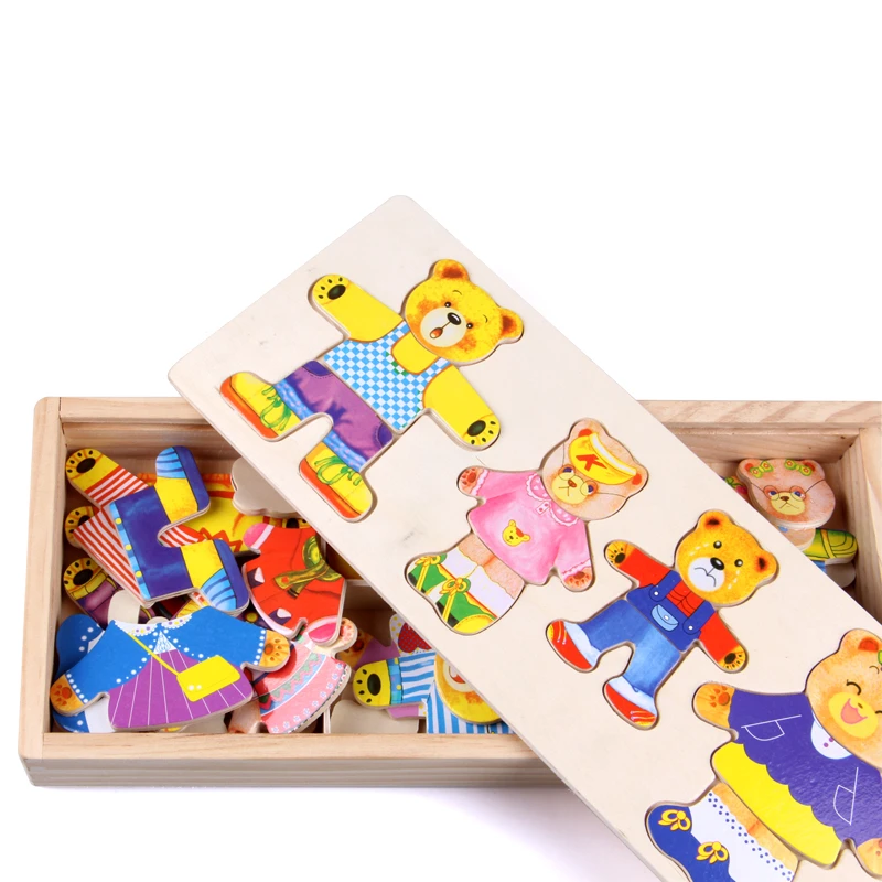 Маленьких одежда для медвежонка детский раннее образование деревянные головоломки туалетный игра ребенка деревянные игрушки головоломки