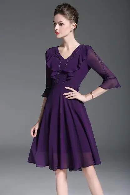 Фиолетовое платье женское новое летнее элегантное шифоновое платье с v-образным вырезом высокого качества для подиума ТРАПЕЦИЕВИДНОЕ платье длиной до колена с роговыми рукавами