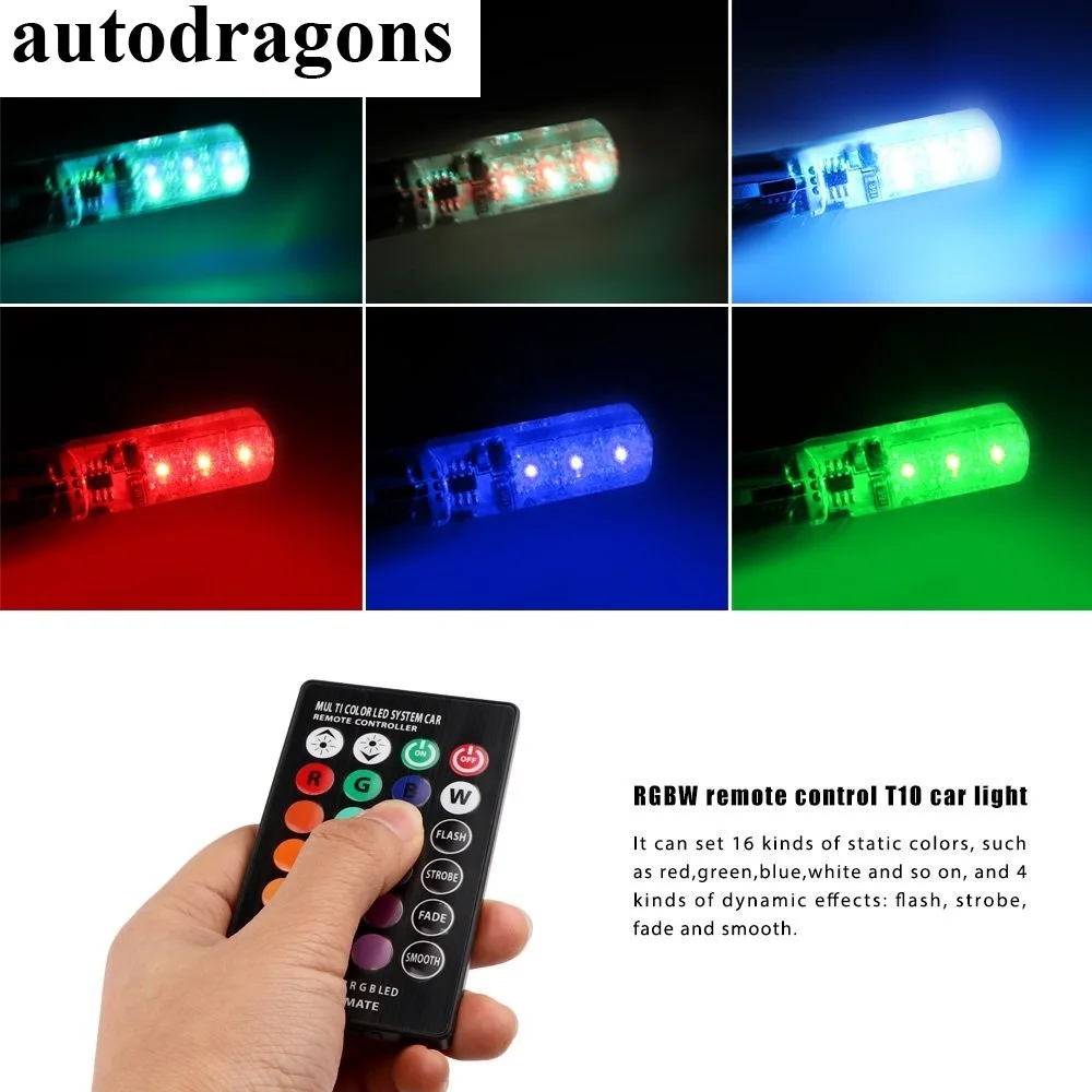 

autodragons 194 LED Bulb RGB Car Remote Controller Wireless 16Colors Changing 3SMD 5050 Silica Gel Super Bright 168 LED Bulbs