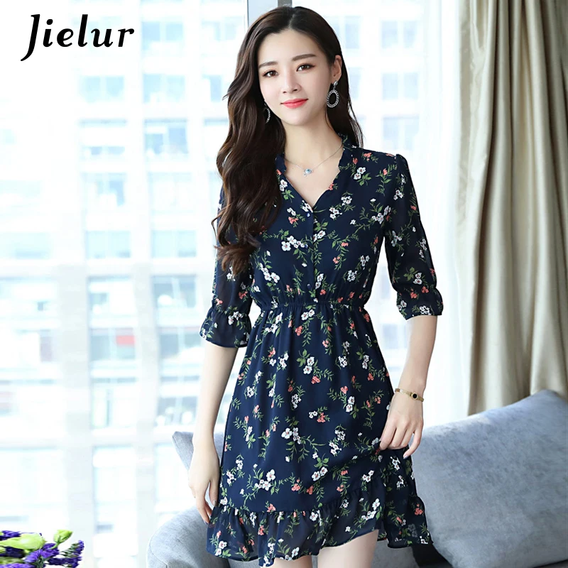 

Jielur Vintage Women Dress Floral Print Half-sleeve V-neck Casual Dress Buttons Fashion Brief Summer Hipster Elastic Waist Dress