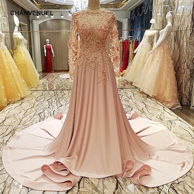 LS96378 robe de soirée longue 2018 manches longues partie robes zipper retour dentelle perlée longue formelle