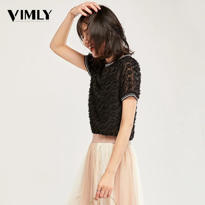  Vimly Women Lace Jacquard Blouse Shirts Summer Short Sleeve Solid Tops Women Elegant Romantic Blous