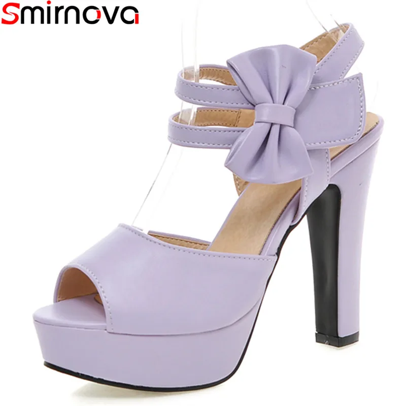 

Smirnova big size 33-44 new fashion summer women sandals thick high heels solid color pu leather platform wedding shoes