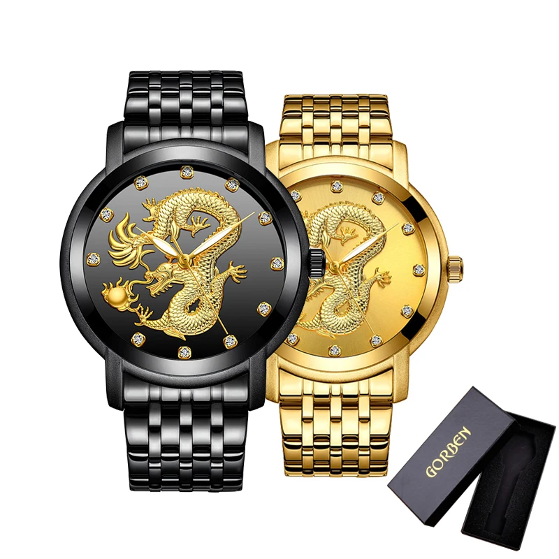 Роскошные мужские часы-скелетоны с резьбой дракона новейшие золотые черные