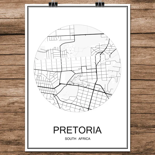 Black White World City Map of PRETORIA South Africa Print Poster Coated