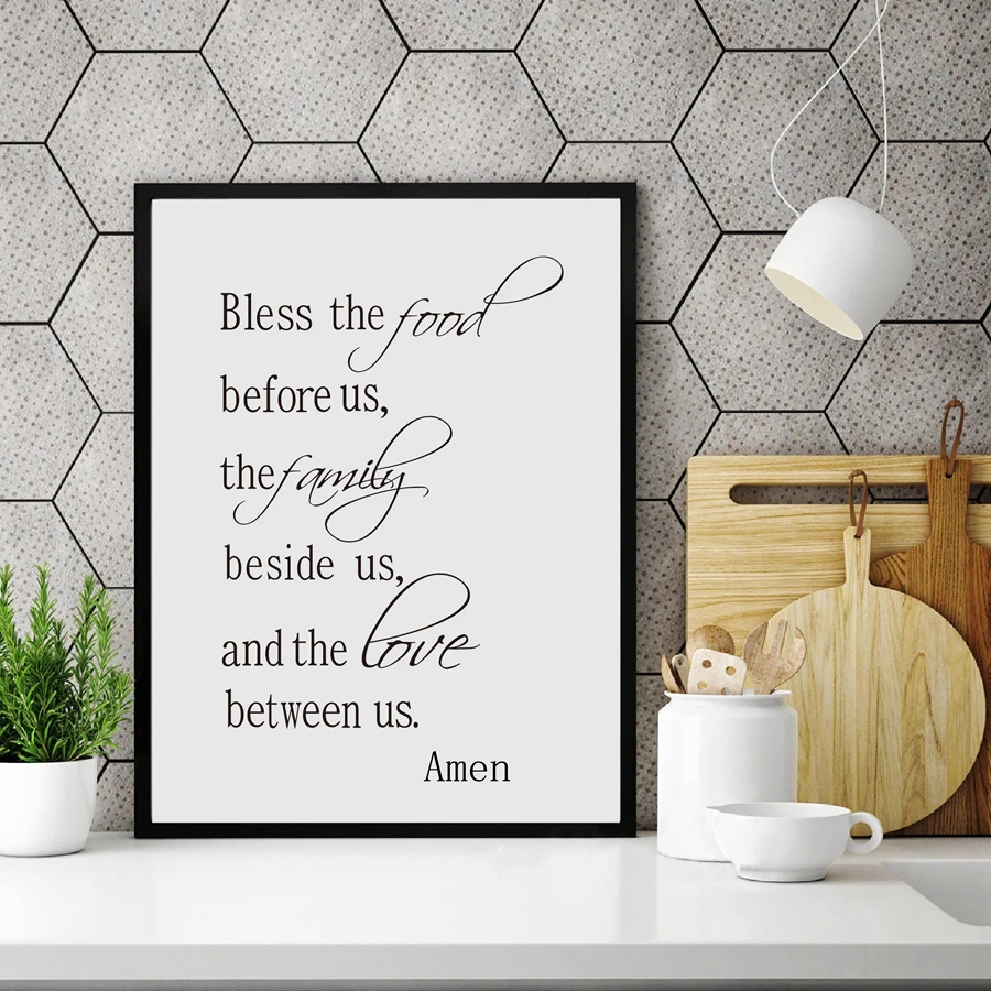 

One piece black and white English character words quote canvas paintings Bless the Food Family Love Religious printing poster