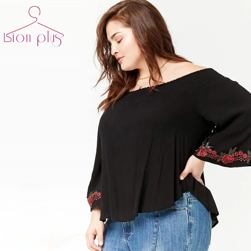 

7XL 6XL 5XL Oversized Women Blouses 2018 Spring Slach Neck Flare Sleeve Embroidery Black Blouse Shirts Off Plus Size Women Cloth