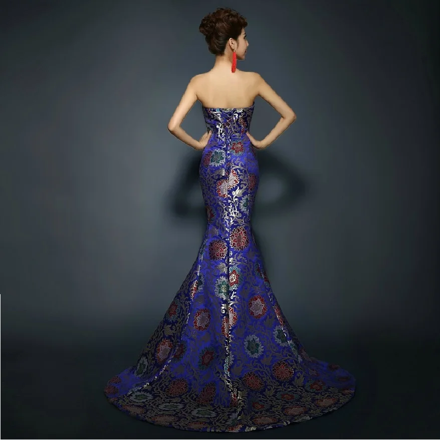 Women's Royal Blue Trailing Strapless Qipao Evening Dress Chinese Traditional  Brocade Long Mermaid Plus Size 3XL  (17)