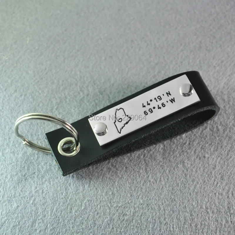 

Handmade Maine key chain,Personalized leather key chain, custom longitude&latitude, State map keyring,Hand stamped leather gift