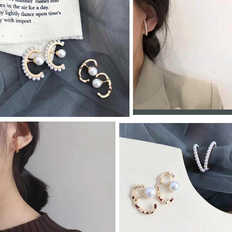 AOMU Korean Chic Style S925 Sterling Silver Pin Gold Metal Curved Wave Line Pearl Circle Earrings for Women Girl Jewelry Set