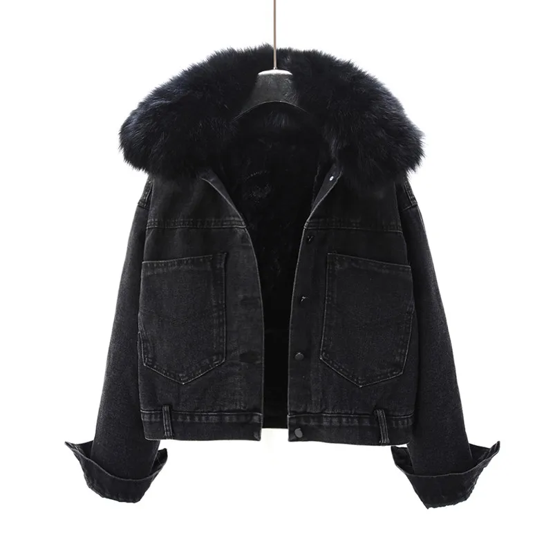 Women Short Jacket Winter Korean Real Fur Collar Thick Velvet Denim