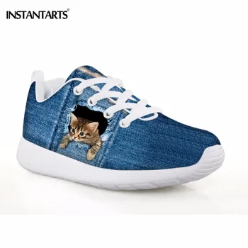 

INSTANTARTS Kids Sport Shoes Light Cute Animal Cat Puppy Dog Printing Sneakers Leisure Outdoor Running Girls Denim Printed Shoes