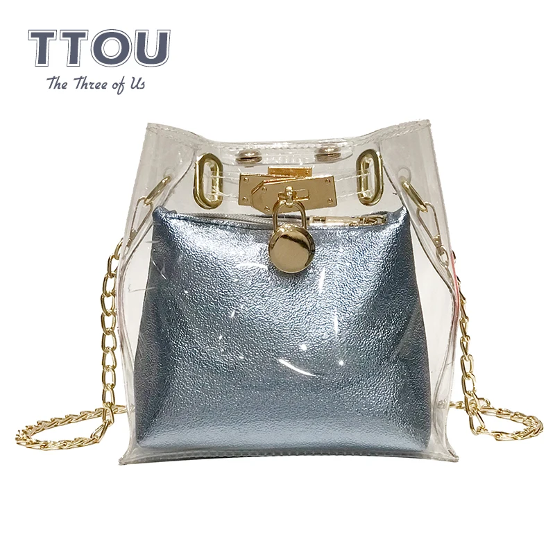 

TTOU Women Small Bucket Bags PVC Clear Transparent Totes Composite Sequin Shinny Chain Bag Female Jelly Handbags Messenger Bag
