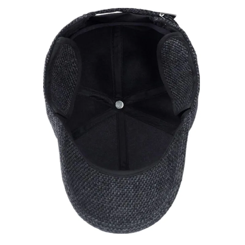 Зимняя мужская теплая бейсбольная кепка с ушками Мужская Шерстяная кепка для мужчин Кепка, бейсболка Толстая черная Мужская шляпа для отца