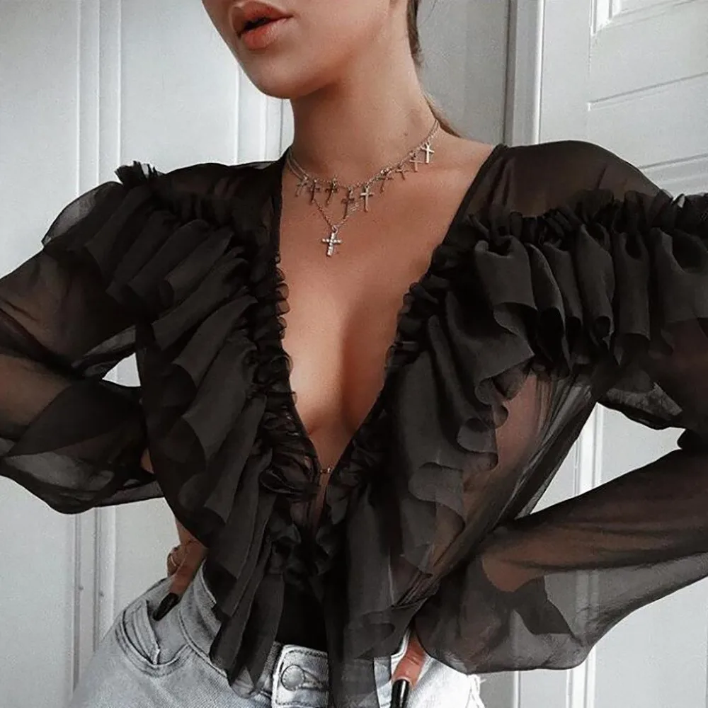 

V-neck Ruffles Lace Mesh Blouse Shirts Women High Street Vintage Soild Sexy Fishnet Shirts Blouse Ladies Bodysuits cwa0143-5