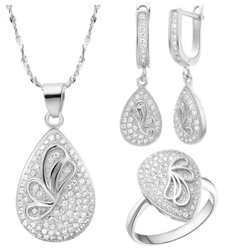 

925 Sterling Silver Wedding Bridal Jewelry Sets Women Fashion Set With AAA Zircon Necklace and Earring Ring For Women