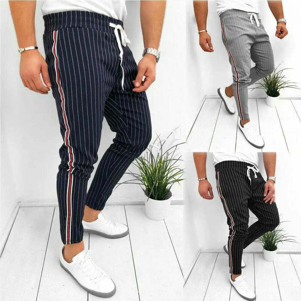 

Hot Mens Long Pants Side Stripe Drawstring Casual Trousers Jogger Sports Fitness Sweatpants Bottoms Fashion Male Casual Trousers