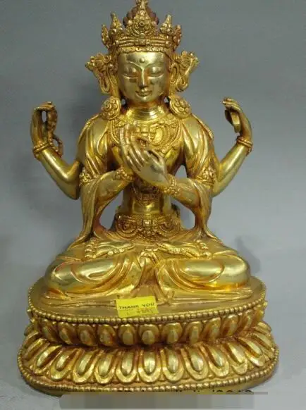 

S02374 Tibet Bronze Gold Buddhism 4 Arms Chenrezig Buddha KwanYin GuanYin Buddha Statue (B0328)