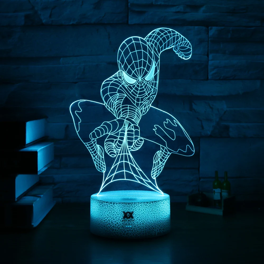 Новый Человек-паук 3D лампа светодиодный 7 цветов трещины блеск база креативный ночник USB мультфильм декоративная настольная лампа