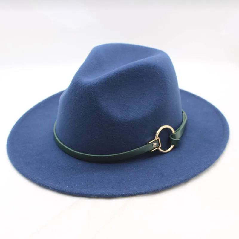 SUOGRY зимняя фетровая шляпа с wo Мужская широкополая с металлическим ремешком войлочная мужская фетровая шляпа Панама шляпа винтажные шапки Chapeau Femme - Цвет: Navy