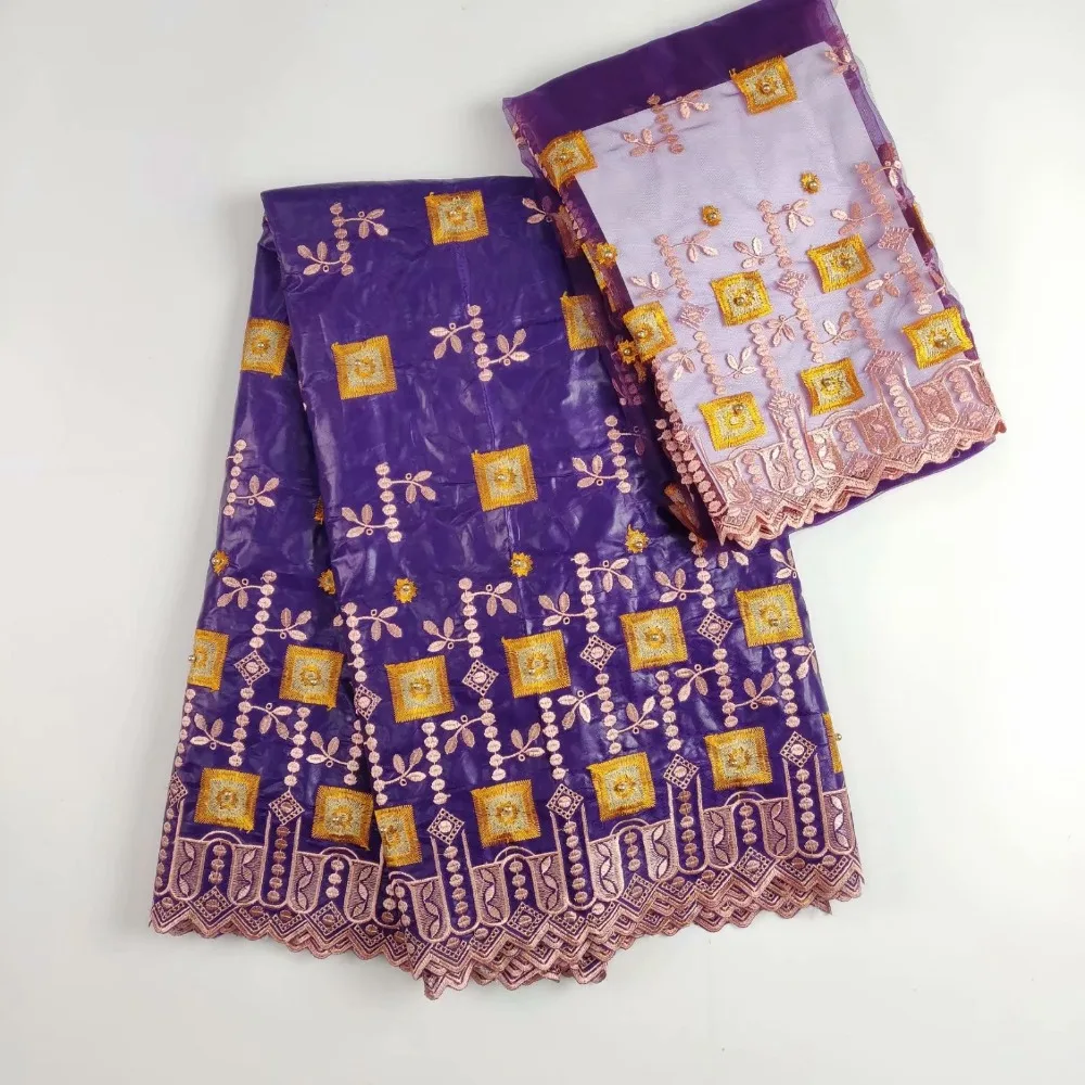 

purple 2018 Laest African Beads Bazin Lace Fabric 5Yards With French Lace Embroidery Bazin Riche Getzner Fabric Online