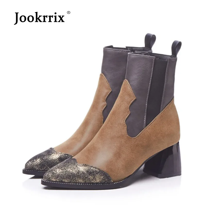 

Jookrrix Warm Shoes Women Chelsea Boots with Fur Lady chaussure Autumn Female footware Patchwork Pointed-Toe Ankle Boots Black
