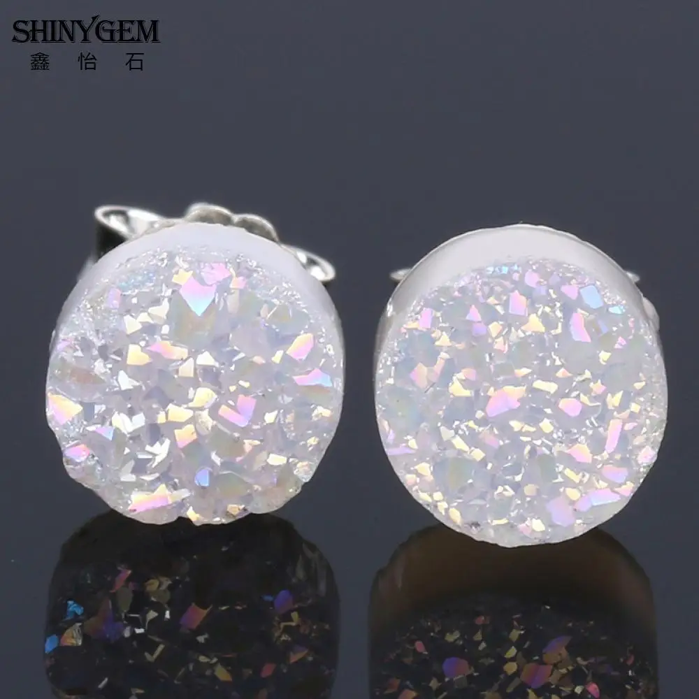 Серьги SHINYGEM 6 мм, круглые сверкающие серьги Druzy, 925 пробы, серебряные серьги-гвоздики, милые серьги с кристаллами, камень, натуральный камень, серьги для женщин