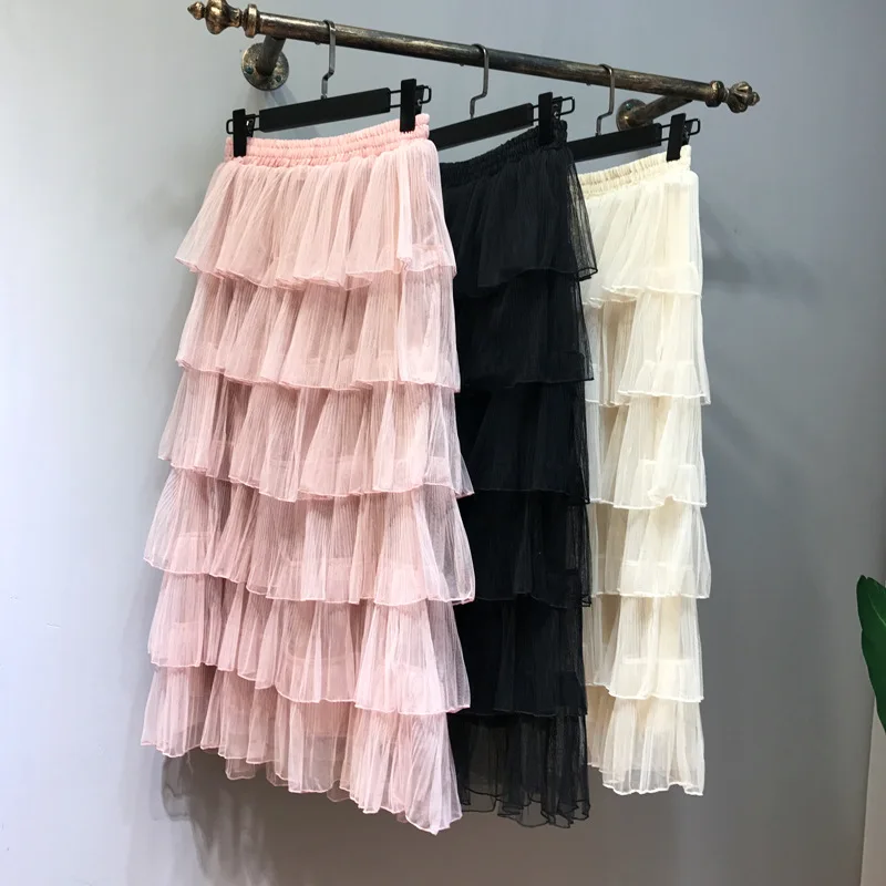

Spring Summer Summer Skirts Womens with Elastic High Waist 2019 Korean Midi Tulle Skirt Falda Tul Mujer Artka Black Pink White