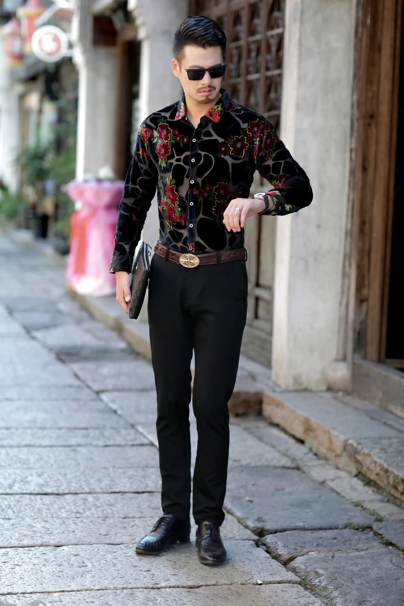 Сексуальная прозрачная Мужская рубашка, новинка, осенняя приталенная бархатная рубашка с длинным рукавом и леопардовым принтом, Клубные вечерние рубашки chemise homme